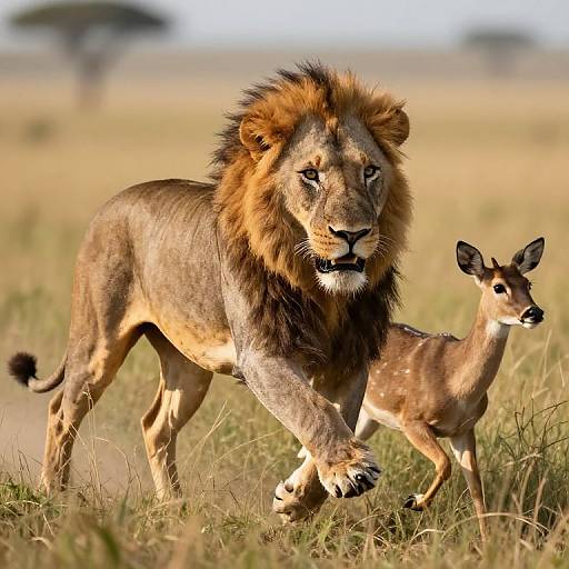 Photograph of a majestic male lion with a dark mane walking beside a slender antelope in a sunlit savanna.