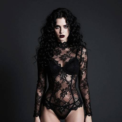 Photograph of a pale-skinned woman with long, curly black hair, wearing a black lace long-sleeve bodysuit, standing against a