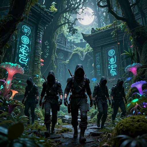 Digital artwork of four hooded soldiers with rifles walking through a mystical, neon-lit, forested ruin with glowing mushrooms and ancient structures.