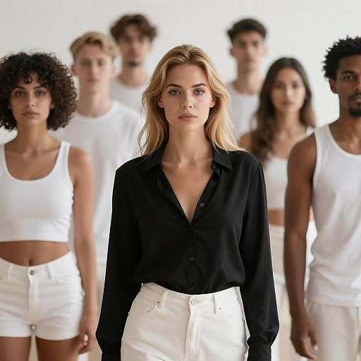 Blonde Woman Centered Among Diverse Group