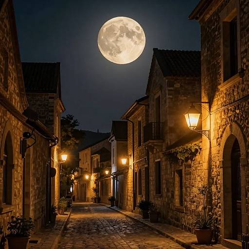 Photograph of a cobblestone street at night, illuminated by warm street lamps, with a full moon glowing brightly in the dark sky above historic stone