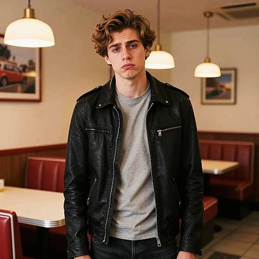 Photograph of a young, attractive man with wavy brown hair, wearing a black leather jacket and gray shirt, standing in a warmly lit diner with