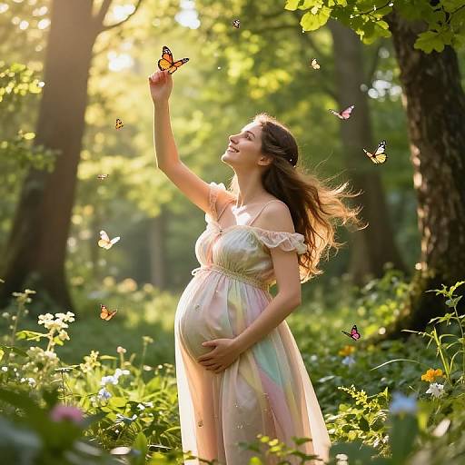 Pregnant woman in a flowing, off-shoulder, pastel dress reaches for a butterfly in a sunlit, green forest clearing surrounded by