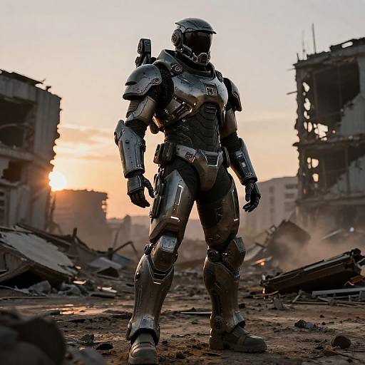 Photograph of a futuristic, armored soldier with a helmet standing in a ruined, debris-filled urban landscape at sunset.