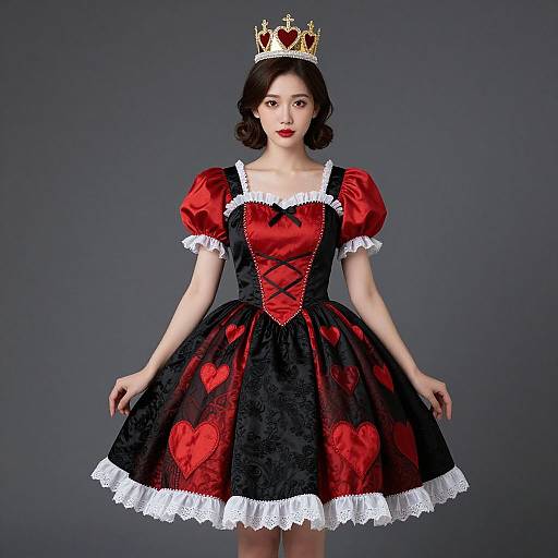Photograph of an Asian woman with fair skin wearing a red and black heart-patterned dress, white lace trim, puffed sleeves, and a gold