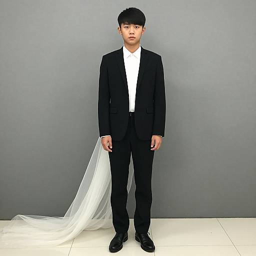 Photograph of an Asian man with short black hair, wearing a black suit, white shirt, and black shoes, standing against a gray background with a