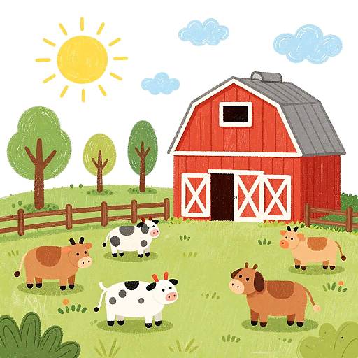 Colorful cartoon farm scene: red barn with white trim, three cows (one black-and-white, two brown), sunny sky, green grass, trees