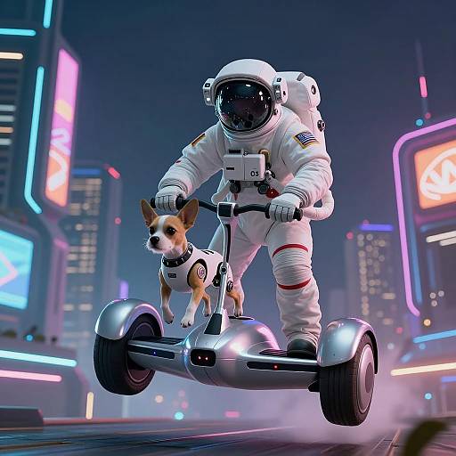 Astronaut Riding Hover Bike with Robotic Dog in Neon City