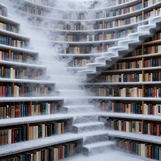 Photograph of a snow-covered, multi-tiered library with steam rising between rows of colorful, bound books, creating a surreal, winter wonderland effect