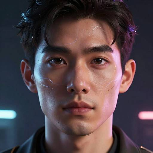 Close-up photograph of an Asian man with short, dark hair, and light skin, illuminated by blue and pink lights, with glowing white lines on his