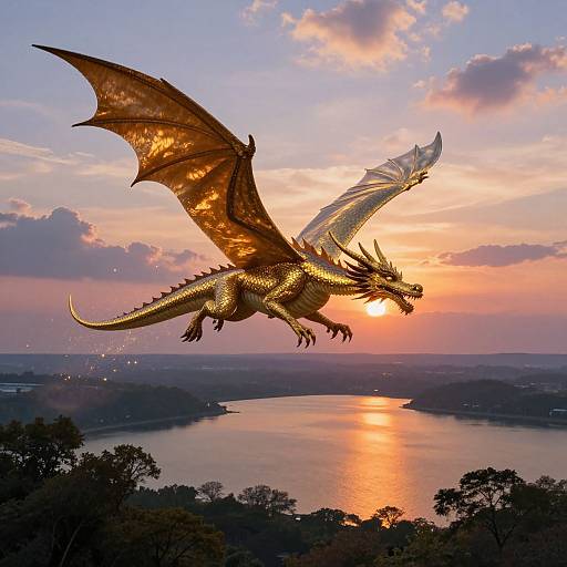 Photograph of a glowing golden dragon with translucent wings soaring over a serene sunset-lit lake, surrounded by silhouetted trees and cloudy sky.
