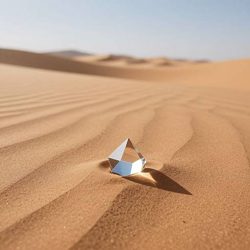 Photograph of a clear, triangular glass paperweight casting shadows on golden sand dunes under a bright blue sky.