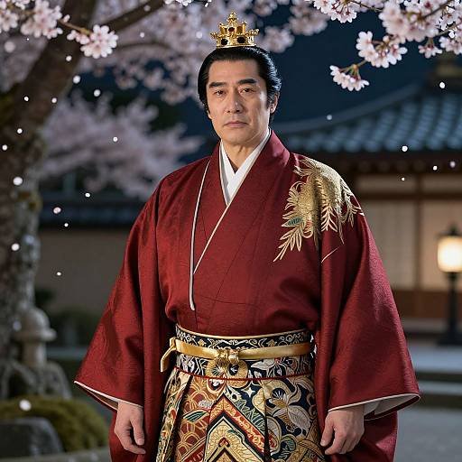 Photograph of a Japanese man in a red kimono with gold embroidery, wearing a small golden crown, standing under cherry blossoms at night.