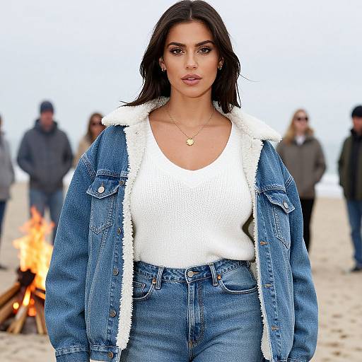 Photograph of a confident woman with long dark hair, wearing a white sweater, denim jacket, and high-waisted jeans, standing in a beach