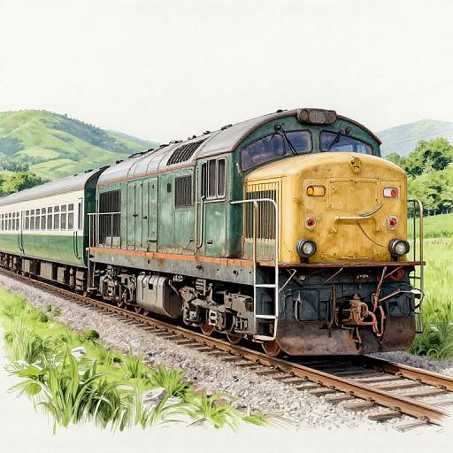 Photorealistic digital illustration of a green and yellow vintage train with white passenger carriages, traveling through lush green countryside.
