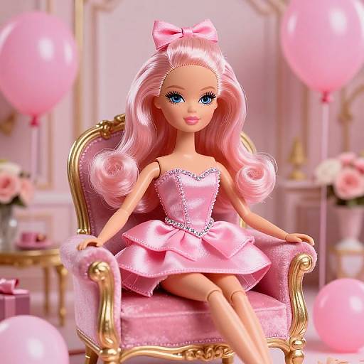 Photograph of a Barbie doll with long pink hair, blue eyes, pink bow, pink satin dress, and chair, surrounded by pink balloons in a
