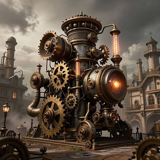 Photorealistic CGI of a massive, steampunk industrial machine with gears, pipes, and glowing lights in a cloudy, Victorian-style cityscape.