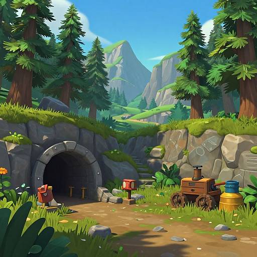 Mountain Pass with Mine Entrance and Work Equipment