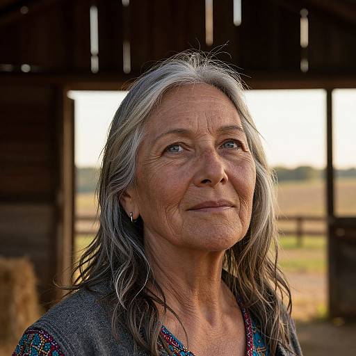 Photograph of an elderly woman with long, gray hair, wearing a multicolored blouse, standing in a dimly lit barn with sunlight streaming through