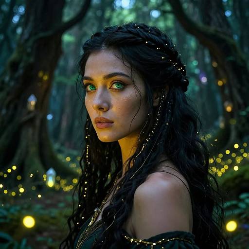 Photograph-like CGI of a woman with green eyes, long dark wavy hair, and glowing fairy lights in a mystical forest.