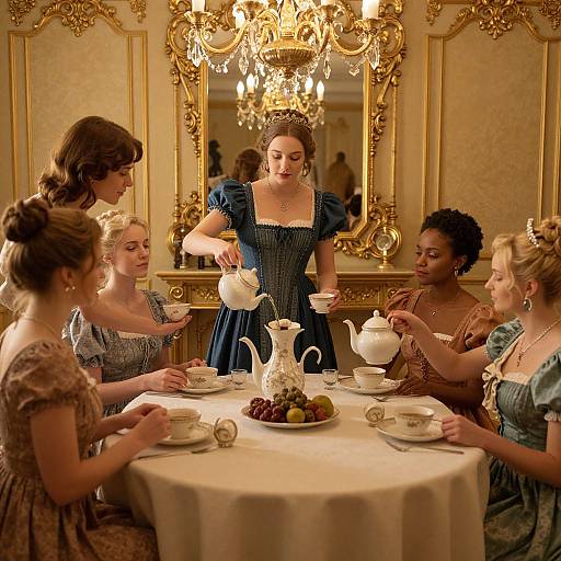 Photograph of six women in 18th-century dresses, seated around a table with teacups, being served by a woman in a blue dress