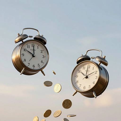 Photograph of two black and silver vintage alarm clocks floating against a clear blue sky, with coins mid-air between them.