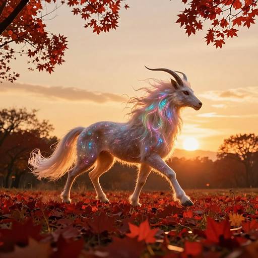Digital artwork of a glowing, ethereal white unicorn with rainbow mane and horns, walking through a red-leafed forest at sunset.