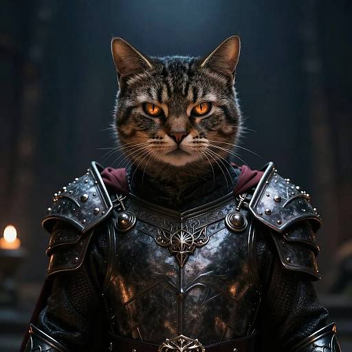 Photorealistic digital artwork of a tabby cat with intense orange eyes, wearing detailed, shiny black medieval armor, set against a dark, blurred background