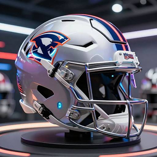 Photograph of a shiny, silver Denver Broncos football helmet with blue and orange accents, displayed on a black pedestal in a modern, dimly lit showroom