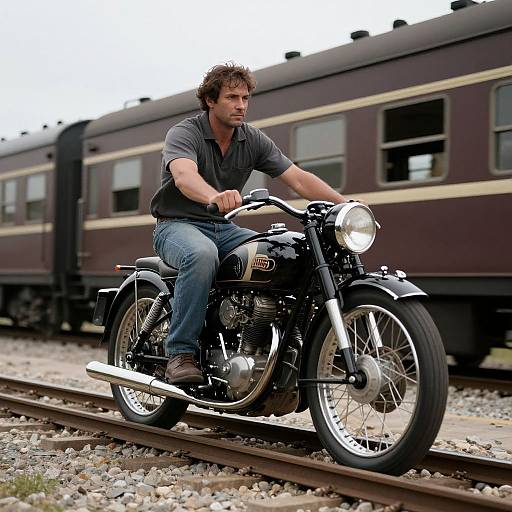 Vintage Steam Motorcycle on Tracks