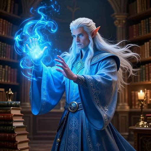 Digital artwork: Elven wizard with long white hair, blue robe, and pointed ears conjures glowing blue magical flames in a dim, book-filled library