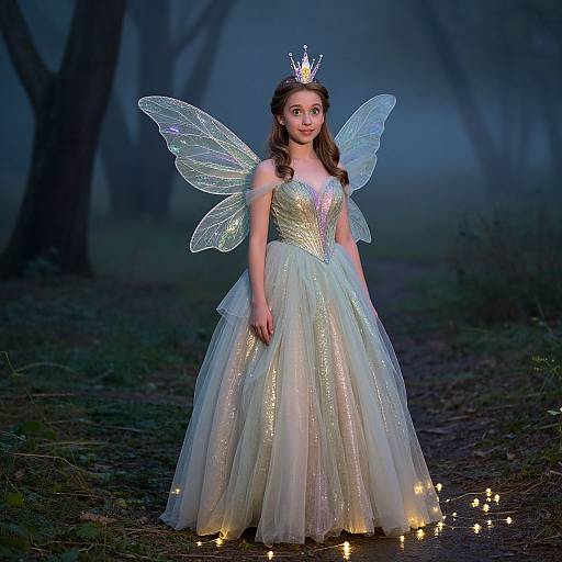 Photograph of a young girl with fairy wings, crown, and shimmering gold and white dress, standing in a dark, enchanted forest with candles on