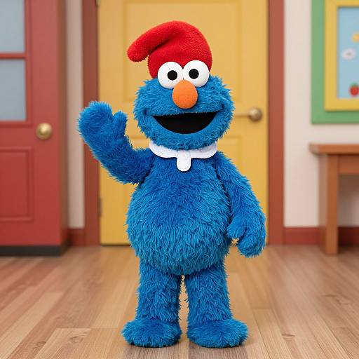 Photograph of blue furry Elmo-like character with red hat, orange nose, white teeth, and raised hand, standing in brightly lit room with wooden