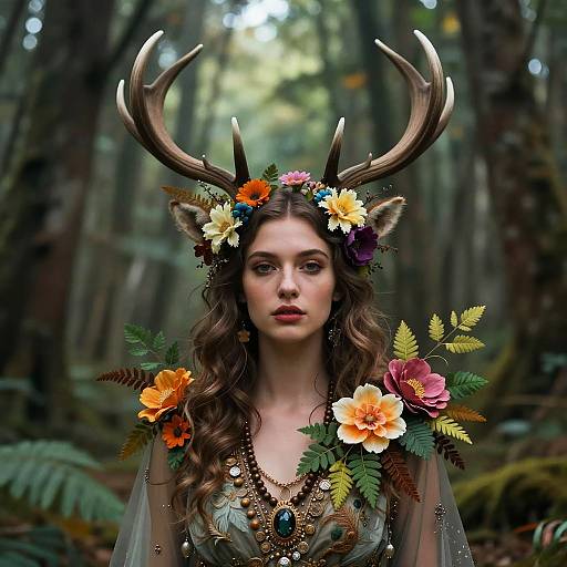 Woman with Floral Antlers in Forest
