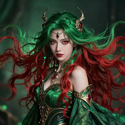Digital fantasy artwork of a fierce, green-haired demoness with red eyes, red-tipped hair, gold and green armor, and ornate headpieces