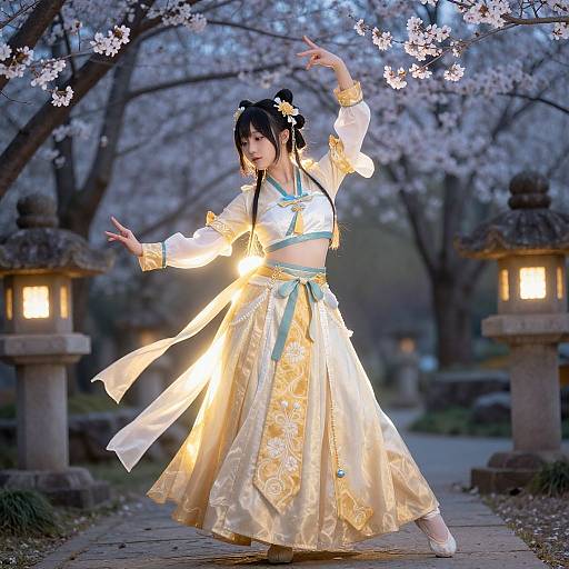 Photograph of a Japanese woman in a glowing, traditional white and gold kimono, dancing under cherry blossoms, illuminated by lanterns.