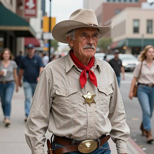 Older Cowboy with Sheriff Badge on City Street
