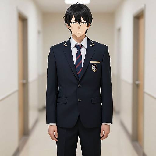 Digital anime-style drawing of a serious young man in a black school uniform with a red and black striped tie, standing in a bright, empty hallway.