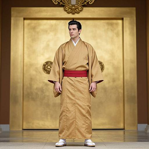 Man in Tan Kimono in Front of Gold Door
