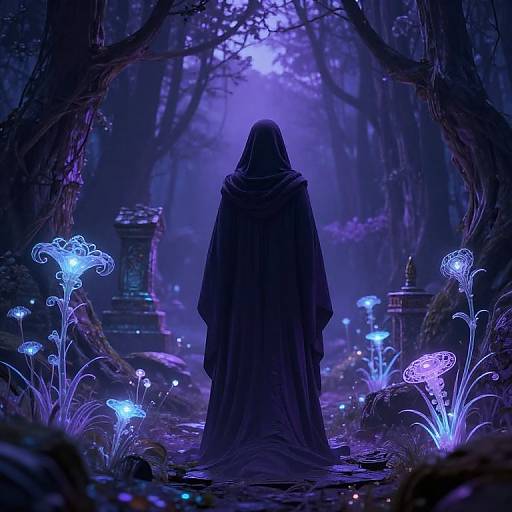 Digital art: Silhouetted figure in dark hooded cloak, standing in mystical forest illuminated by glowing blue mushrooms and ethereal lights.
