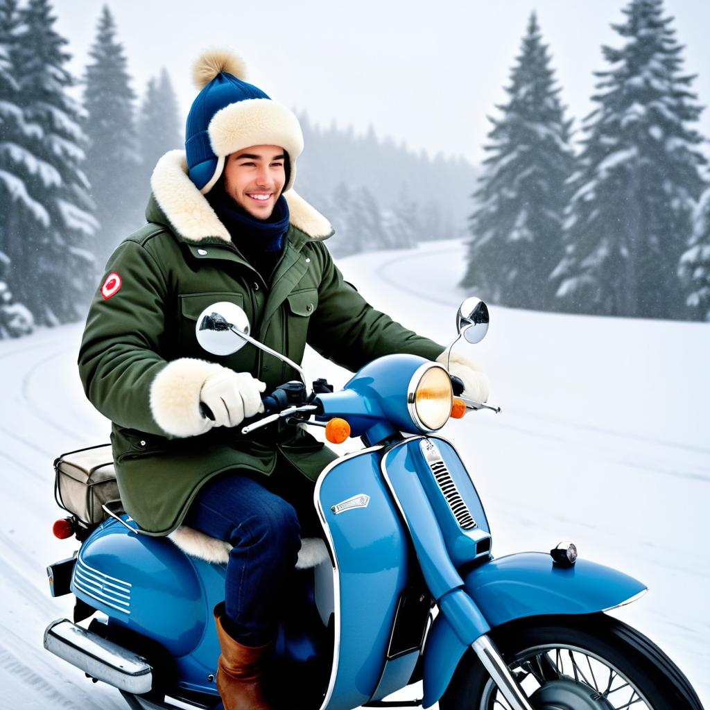 Rider on Classic Moped in Winter Wonderland