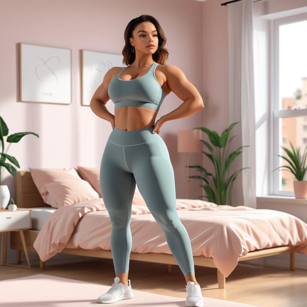 Timid Fitness Girl in Bedroom Pose