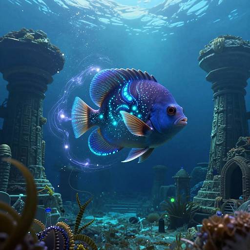 Photograph of a bioluminescent blue fish with glowing accents, swimming between ancient, ruins-like underwater structures, surrounded by coral and marine life.
