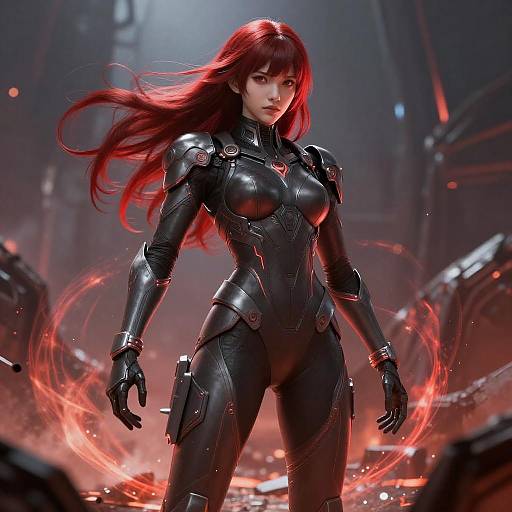 Digital art of a fierce, red-haired woman in a sleek, black, armored bodysuit, glowing red energy swirls around her in a futuristic