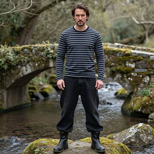 Photograph of a bearded man with dark hair, wearing a black and gray striped shirt, black pants, and boots, standing on mossy rocks