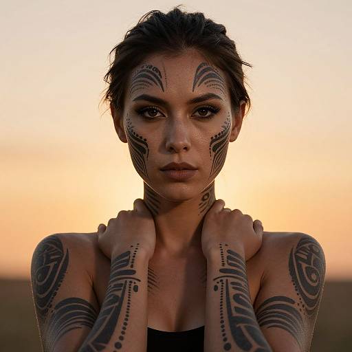 Photograph of a tattooed woman with dark, short hair, intense gaze, and intricate body tattoos, hands clasped around neck, against a sunset