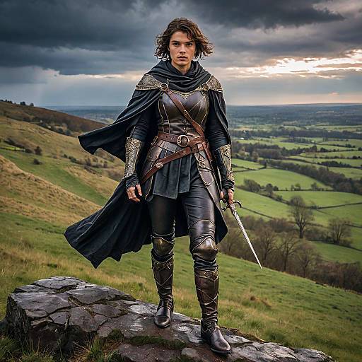 Warrior Maiden in Renaissance Armor on Stormy Hill