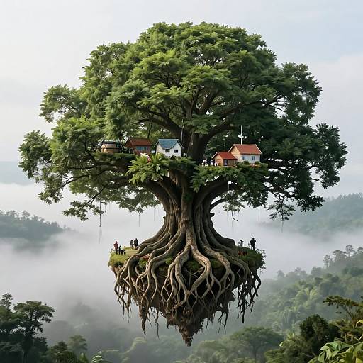 Photorealistic CGI of a giant tree with roots as a platform, housing colorful houses and small figures, set in a misty forest.