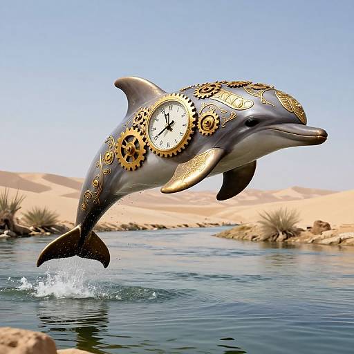Digital art of a dolphin leaping out of water, adorned with gold gears and clock faces, set against a desert landscape.