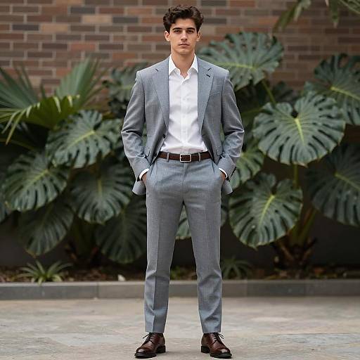 Young man in light blue checkered suit outdoors